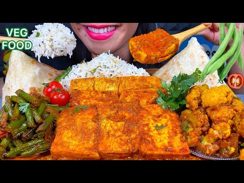 ASMR VEG FOOD PANEER MASALA, ALOO GOBI KI SABJI, GREEN BEANS SABJI, JEERA RICE MASSIVE Eating Sounds