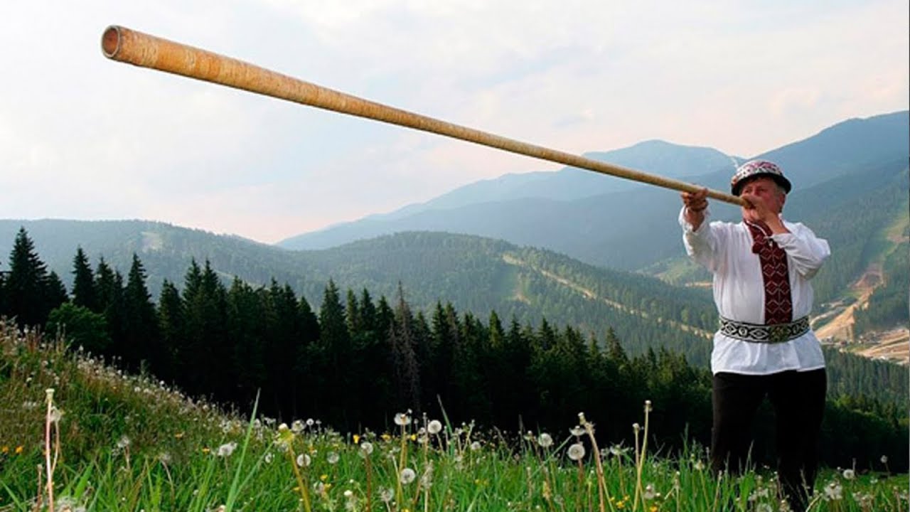 Гуцульский духовой деревянный музыкальный инструмент в виде большой трубы
