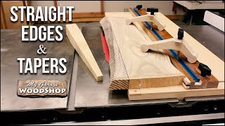 A jig for straightening edges of wonky boards and creating tapers on the table saw. Hardware I used: * 2 - 1/4"-20 thread, 3.5 inch 