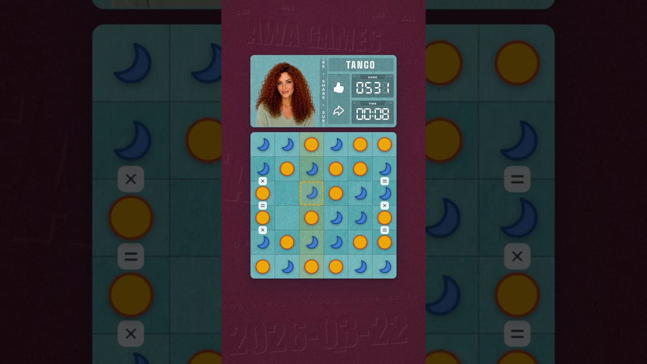LinkedIn Tango #531 solved board for March 22, 2026, 6x6 grid