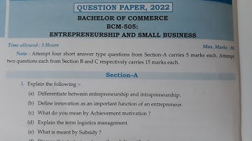 Entrepreneurship and Small business Previous year question paper 2022 Bcom 5th Semester