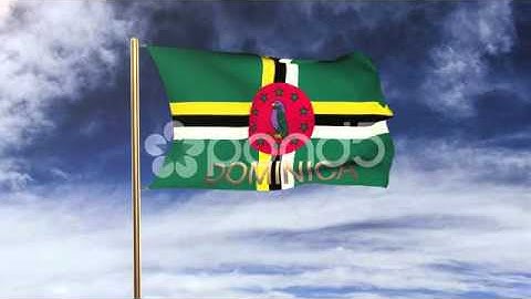Dominica Flag With Title Waving In The Wind. Looping Sun Rises Style. Animation