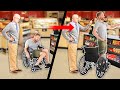 Cutting people in line in a wheelchair then standing up to pay