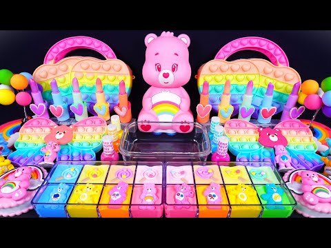 Pink Care Bear Slime. Mixing Makeup into clear slime! 🌈ASMR🌈 #satisfying  #슬라임 (250) 