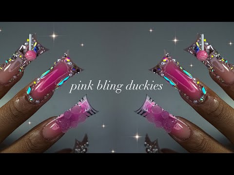 Pink Bling Duckies💕🍬✨| duck nail acrylic application + extravagant nail art!✨