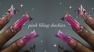 Pink Bling Duckies✨| duck nail acrylic application + extravagant nail art!✨