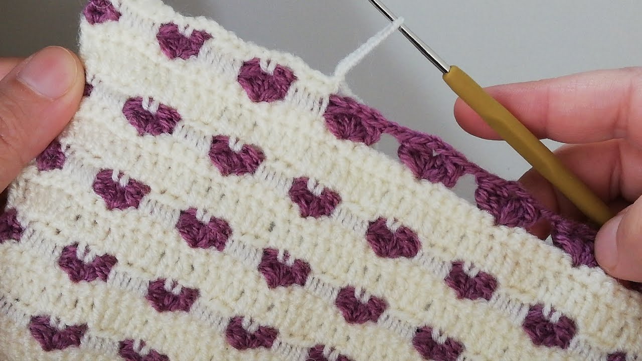 Tığ İşi Bebek Battaniyeleri İçin Kalpli Örgü Modeli / Heart Knitting Pattern baby blanket
