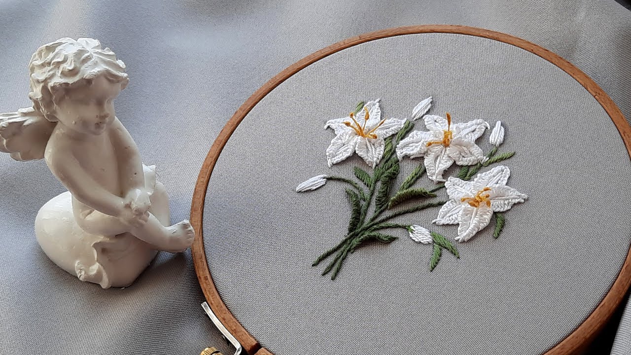 3D White Lilies 3D Embroidery Flowers stitches 