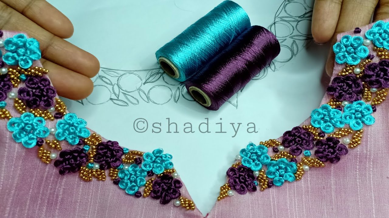 Silk thread ring knot flower and beadwork neck embroidery for kurti