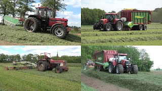 Gras harken, oprapen en inkuilen bij melkveebedrijf Bosch met Case IH trekkers (2022)