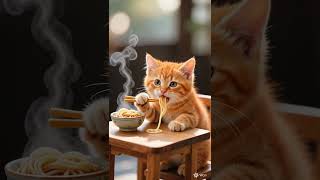 The kitten struggles to eat the long noodle, slurping it up slowly. #eggtempura #eggyolks