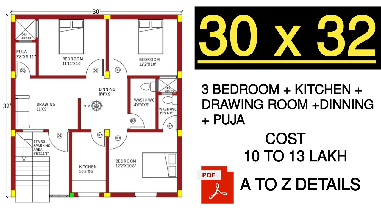 30x32 House Plans 30 By 32 Ka Ghar Ka Naksha 30 32 House Plan 30 X 32 House Design Hindi Youtube