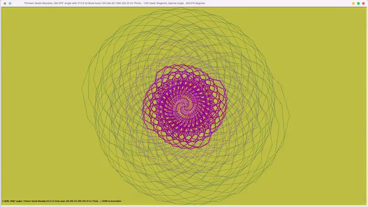 (2)698, 266° angles-Thirteen Seeds Mandala; 315.8 Hz Brain: 105.266 Hz,  421.66 Hz, 526.33 Hz