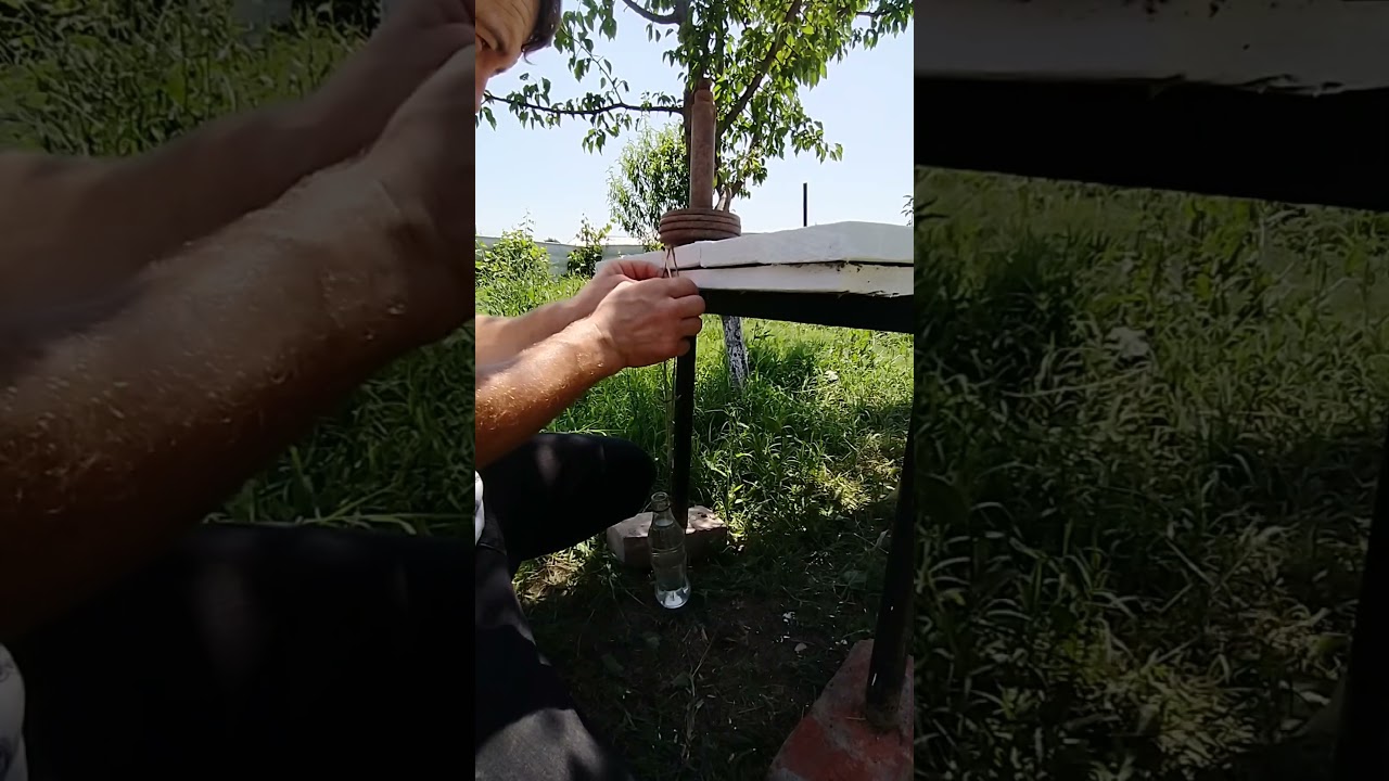 Hung the bottle on a match  Подвесил бутылку на спичку 