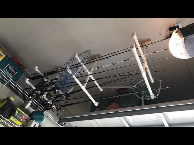 DIY PVC pipe fishing pole holder ceiling storage rack 