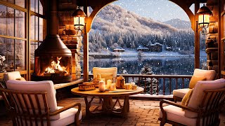 Winter Cozy Porch Atmosphere ☕ Gentle Jazz Music On Snowy Day & Crackling Fireplace for Relax, Work