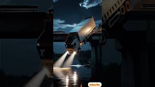 Slow Motion Scene Of A Truck Tipping Over The Edge Of A Damaged Bridge And Falling Into A River