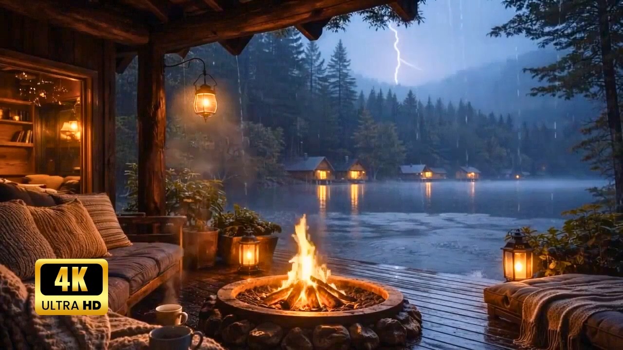 Cozy Cabin in Heavy Rainstorm ⚡ Rain, Thunder & Fireplace Sounds for ...