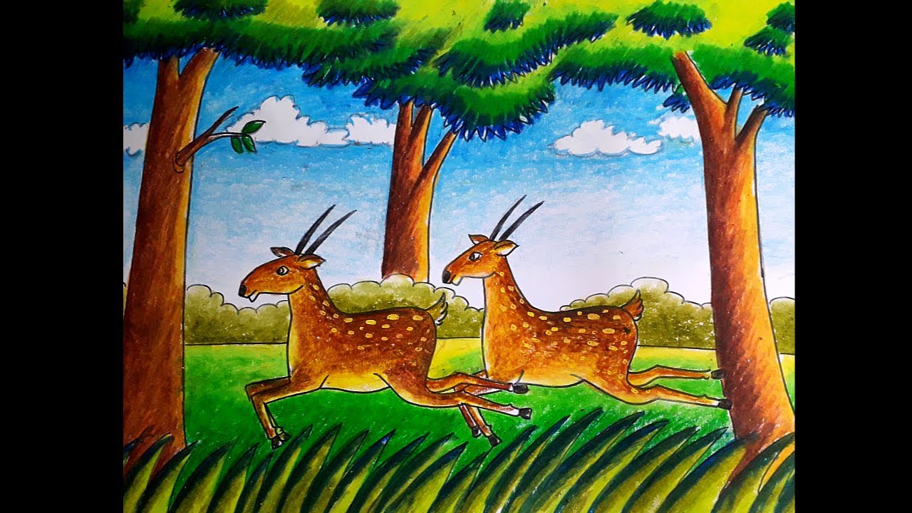 How to draw a forest scenery with deer step by step/Forest drawing for ...
