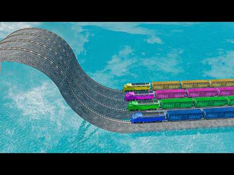Quadruple Colorful Trains Vs Mistakes Impossible Weird Rail Tracks Crossing Deepwater | BeamNG.drive