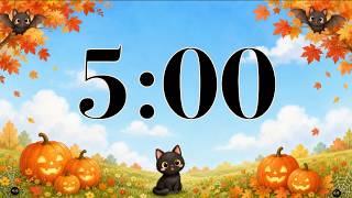 5 Minute Timer 🎃 Cute Fall Halloween Cat & Pumpkins | Happy October Music for Classroom Focus