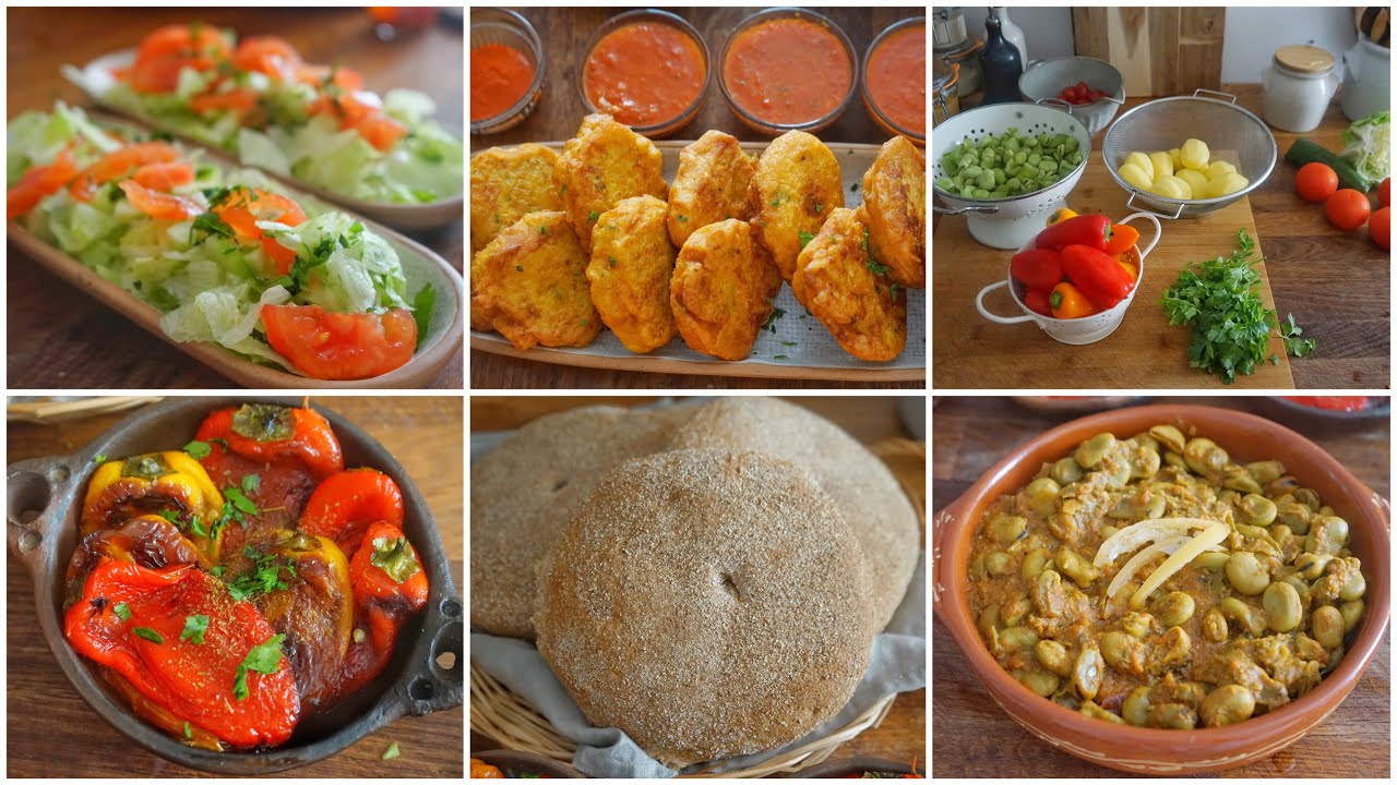 وجبة غداء/ عشاء و كوتي :اطباق من الذاكرة فول مشرمل معقودة البطاطا خبز الزرع فلفلة مشوية سلطة مشكلة