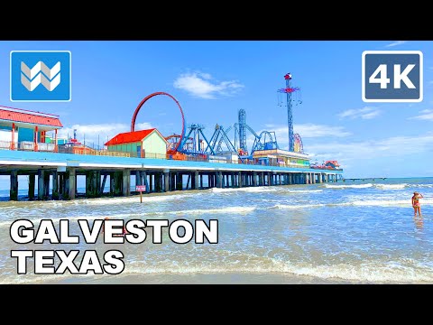 [4K] Galveston Beach in Galveston, Texas USA (South of Houston) Walking Tour & Travel Guide 🎧