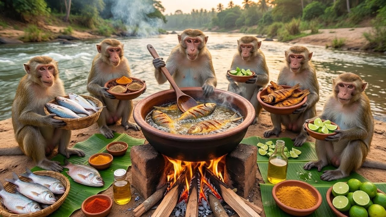 Обезьяны ловят рыбу в реке и готовят карри 😱🔥 | Индийские обезьяны готовят еду в джунглях