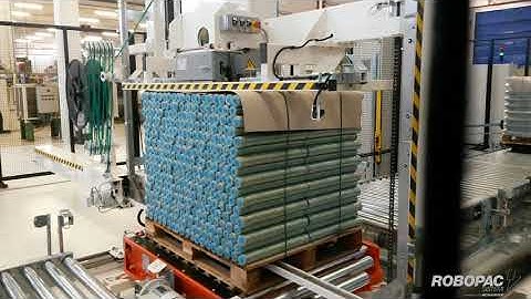 Metal cans stretch wrapped for shipment by the Robopac Helix 1 EVO automatic stretch wrapper