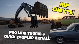 We turn a John Deere 350G excavator into a car crusher with a new pro link thumb and coupler!