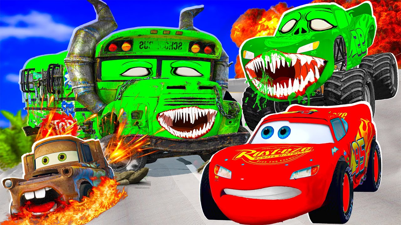 Big & Small:McQueen and Mater vs Miss Fritter ZOMBIE Flatbed Trailer ...