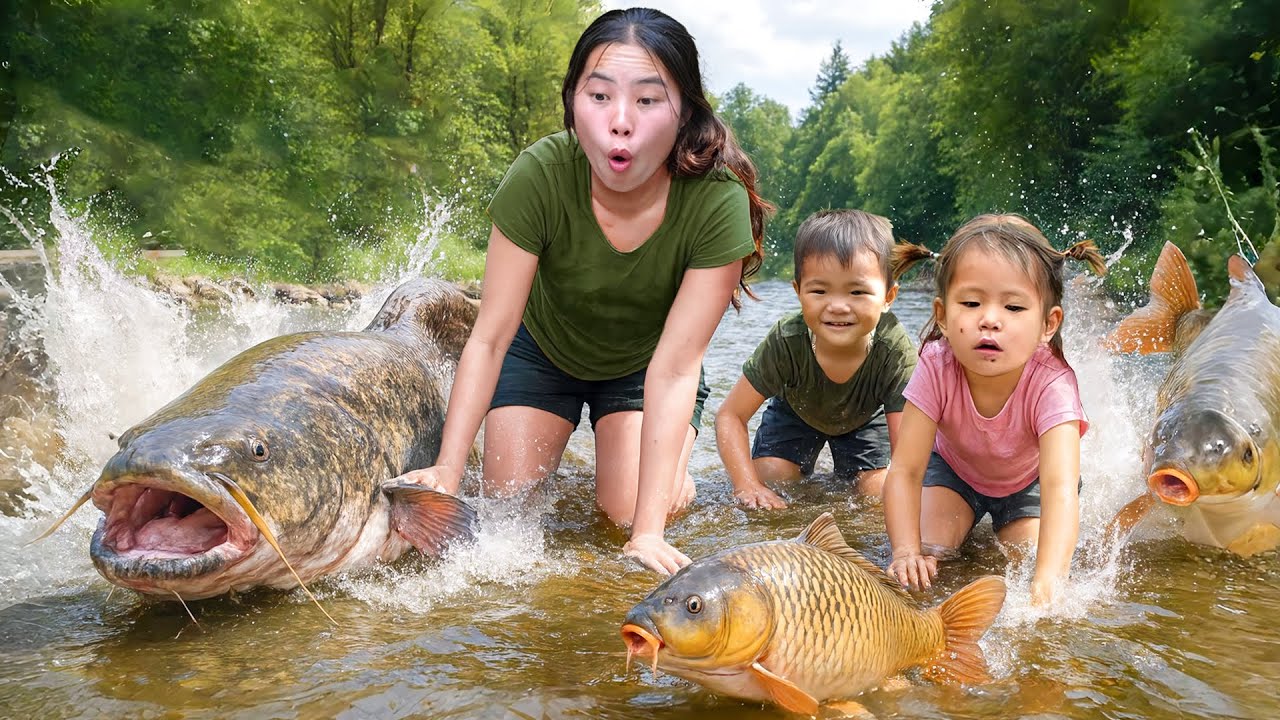 Catching a huge school of giant catfish by hand in the stream to sell at the market with my children