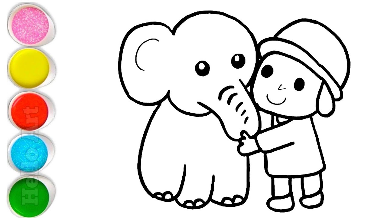 Милый слоник и Покойо: рисунок, раскраска и рисование для детей и малышей. Детское творчество.