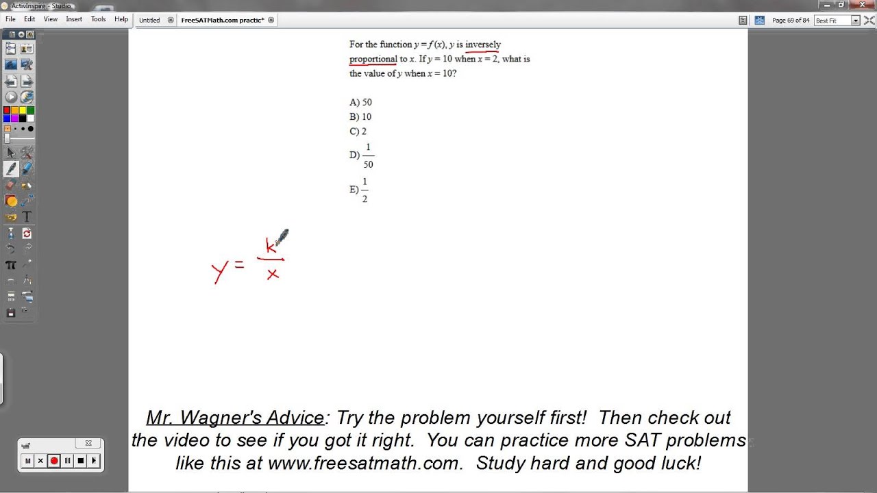 SAT Math Question 69 Inversely Proportional Problems YouTube Sat math question 69 inversely proportional problems youtube