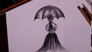umbrella drawing holding rain person draw tutorial drawings paintingvalley
