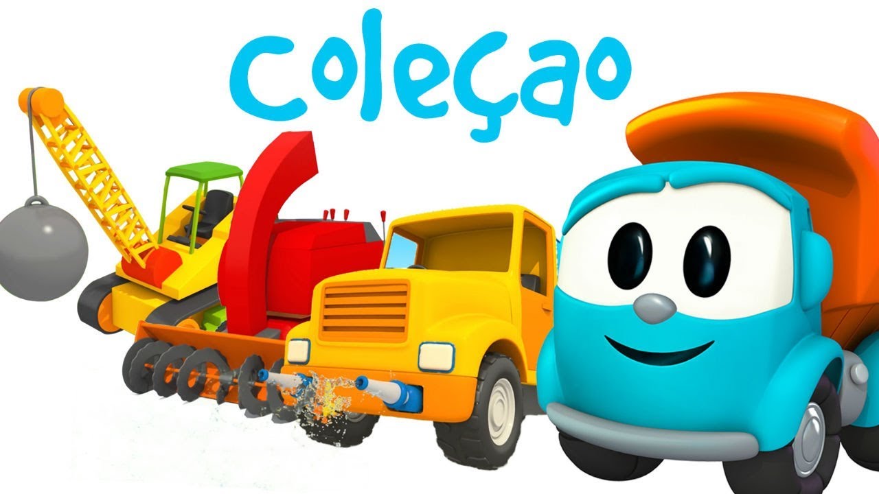 Léo o caminhão curioso. Um caminhão transportador. Coleção de desenhos  animados. 