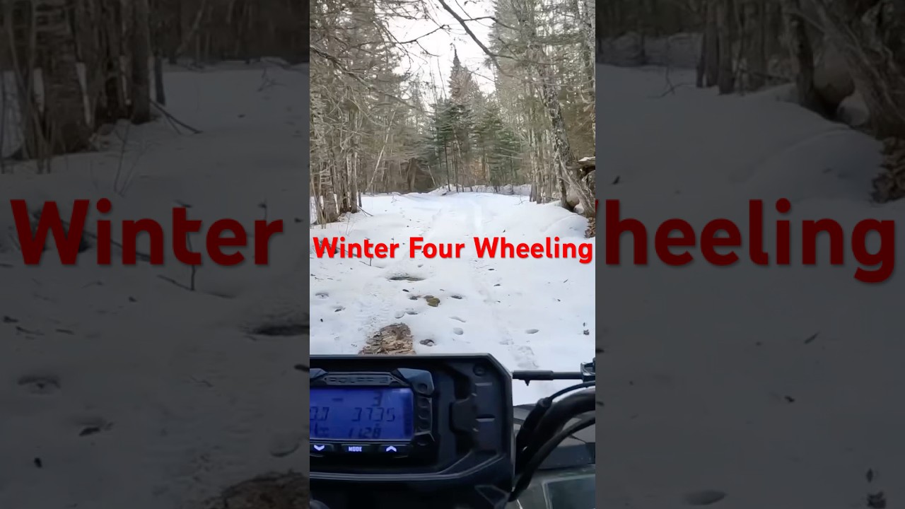 A first-person view of winter ATV riding in Maine on snowy trails.