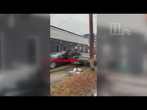 Video shows aftermath of scene where suspect crashes into pole, cars
