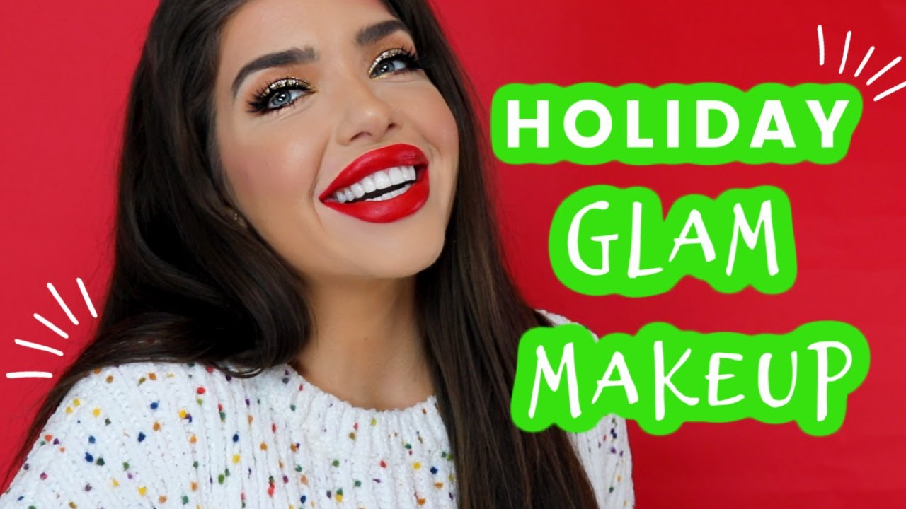 EASY HOLIDAY GLAM MAKEUP | Glitter Eyes & Classic Red Lip Tutorial ...