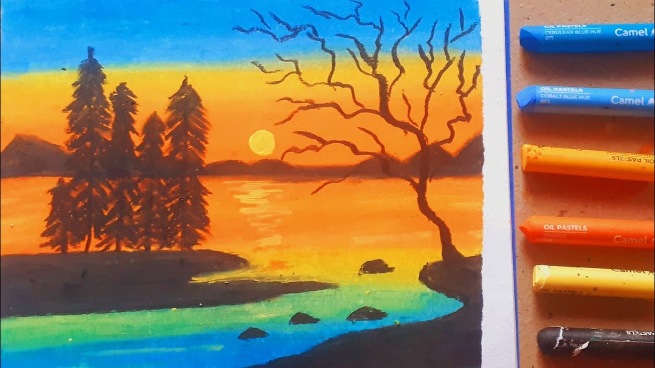 sunset drawing ||oil pastel scenery drawing ||sunset painting ...