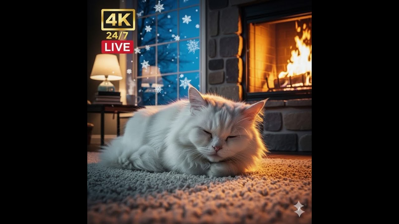 Fluffy Cat's Fireplace Delight: 4K Peaceful Sleep & Snow Ambience ❄️ 24/7 Live