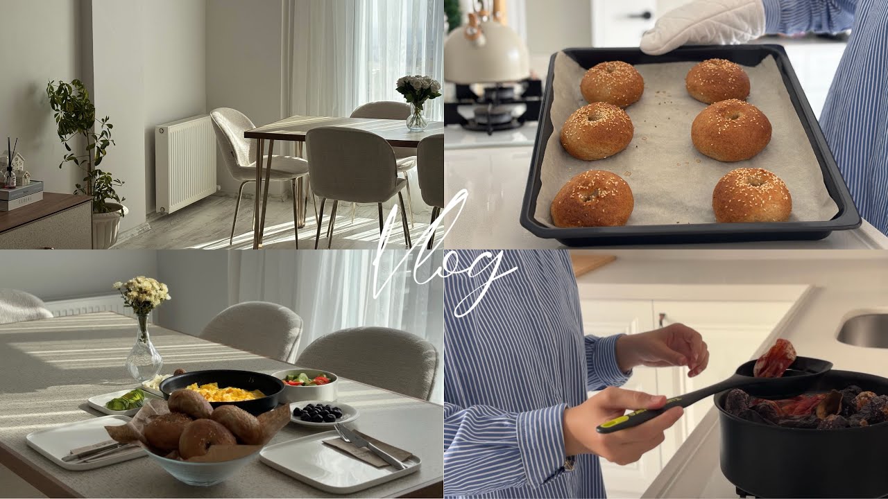 Evdeyiz| Kahvaltı, Bagel, Akşam Yemeği, Ev İşleri 🍳☕️🏘️🍲🥯