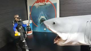 JAWS display. 3 foot Bruce. SHARK CITY OZARK. 8 inch cloth Hooper NECA.  Video Showcase