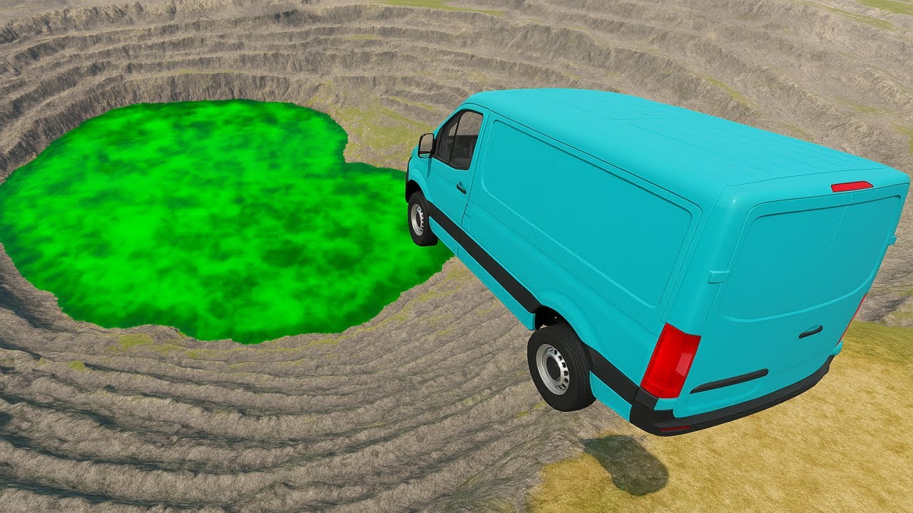 Leap Of Death Car Jumping Into Slime Water Lava Pit - BeamNG.Drive