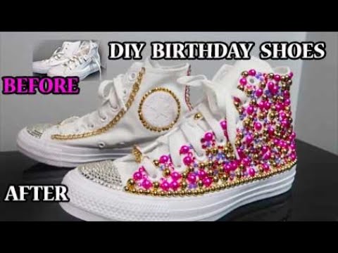 HOW TO BLING CONVERSE WITH RHINESTONES, PEARLS & GOLD CHAIN- BIRTHDAY SHOE-  DIY LACE CHARM- KID SHOE - YouTube