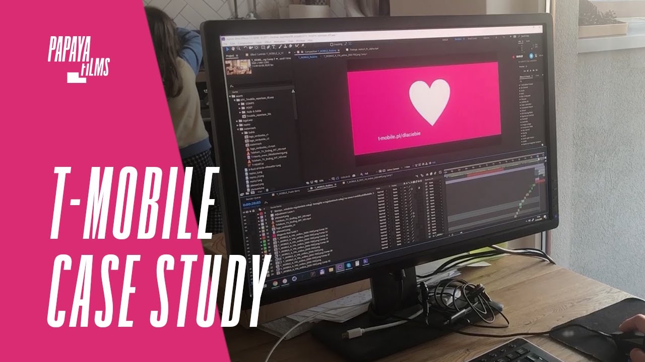 Miniatura filmu z napisem „T-Mobile Case Study” i monitorem pokazującym montaż grafiki z białym sercem na różowym tle.