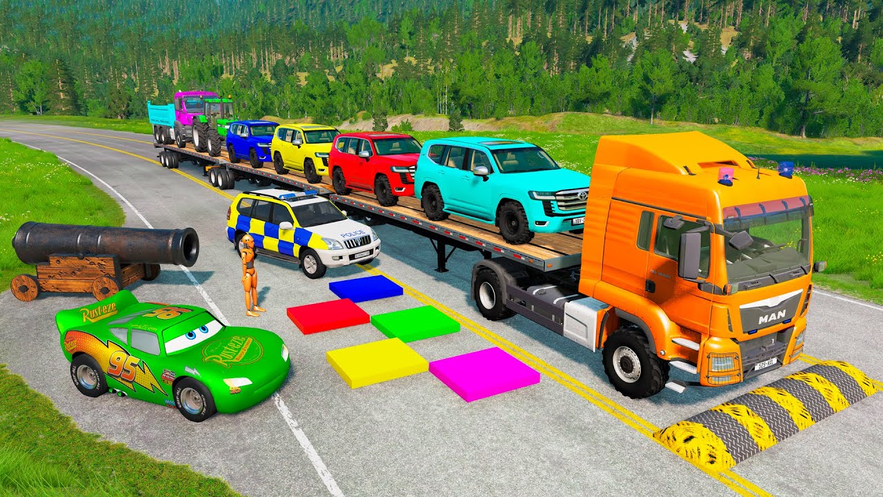 Flatbed Trailer McQueen Transportation with Truck - Speedbumps vs Cars vs Train - BeamNG.Drive #186