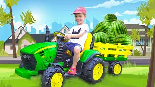 Damian and Darius pick up watermelons and ride on tractor for kids