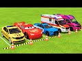 TRANSPORTING POLICE CARS, DACIA, MCQUEEN, MUSTANG, AMBULANCE, EMERGENCY COLORFUL CARS WITH TRUCK