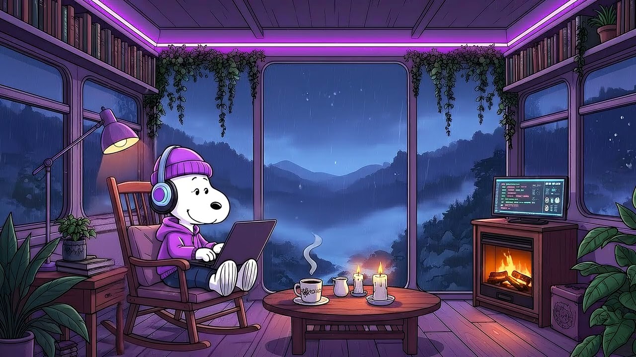 Snoopy's Cozy Rainy Loft 🌙 Ambient Lofi Music with Fire & Rain Sounds for Study, Focus & Sleep ☔️